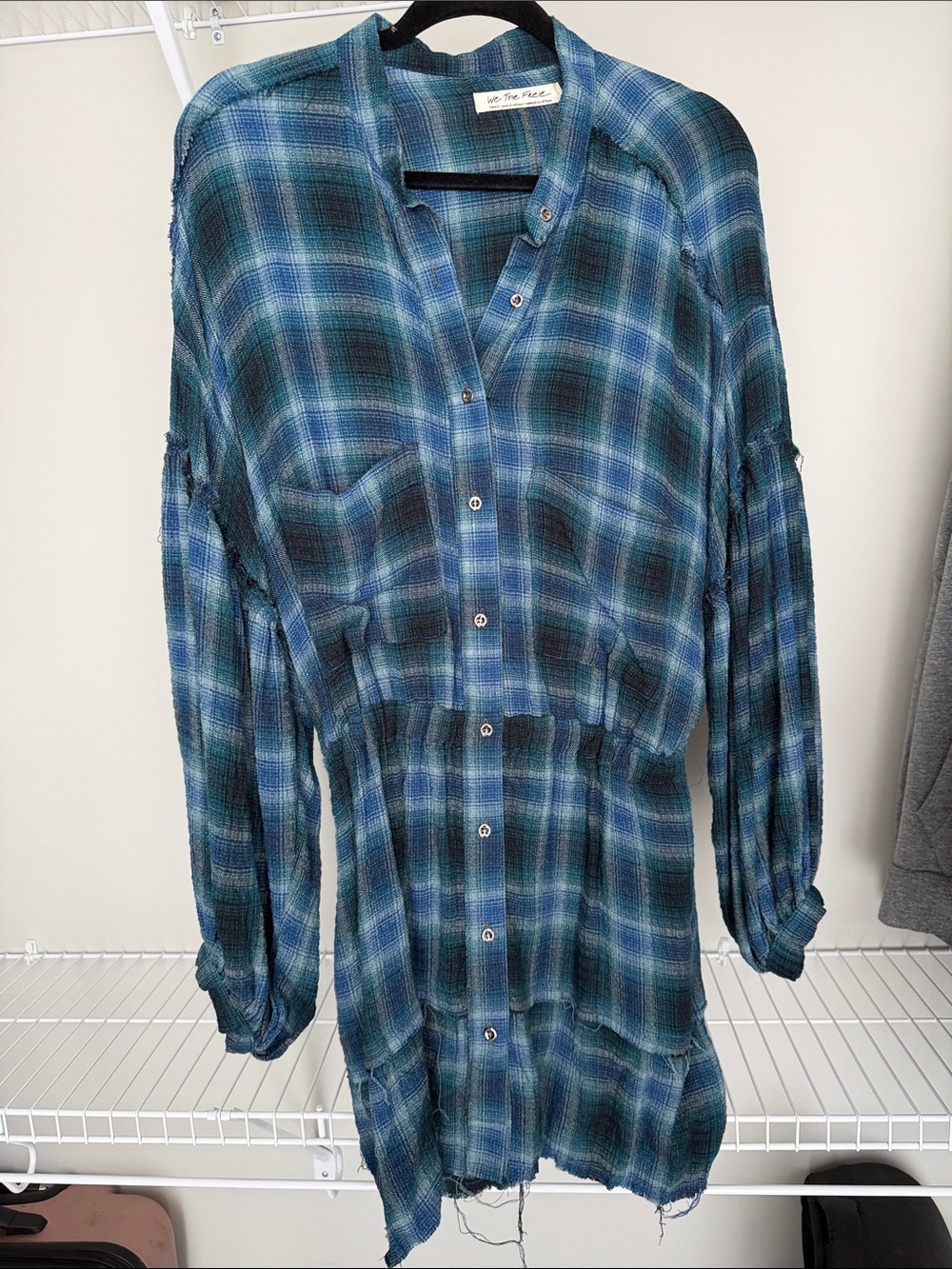 Free People Blue Plaid Long-Sleeve Button-Down Dress
